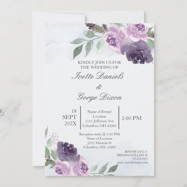 Invitación a la boda de una flor morada (Anverso)