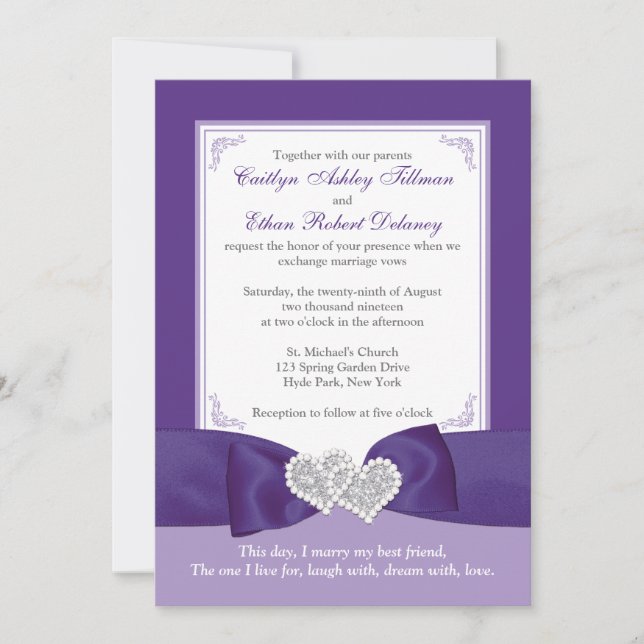 Invitación a la boda de una foto blanca púrpura de (Anverso)