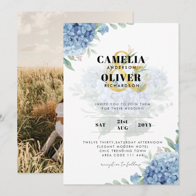 Invitación a la boda de una foto de Hydrangea azul (Anverso / Reverso)