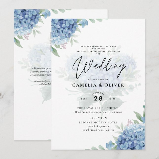 Invitación a la boda de una foto de Hydrangea azul (Anverso / Reverso)