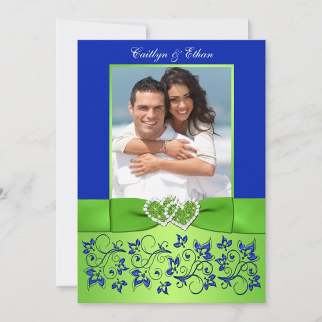 Invitación a la boda de una foto floral verde azul (Anverso)