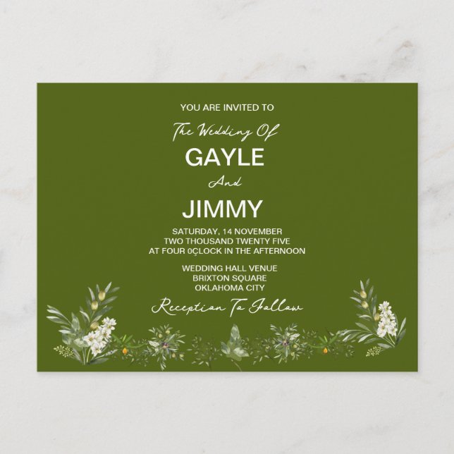 Invitación a la boda de una foto verde oliva moder (Anverso)