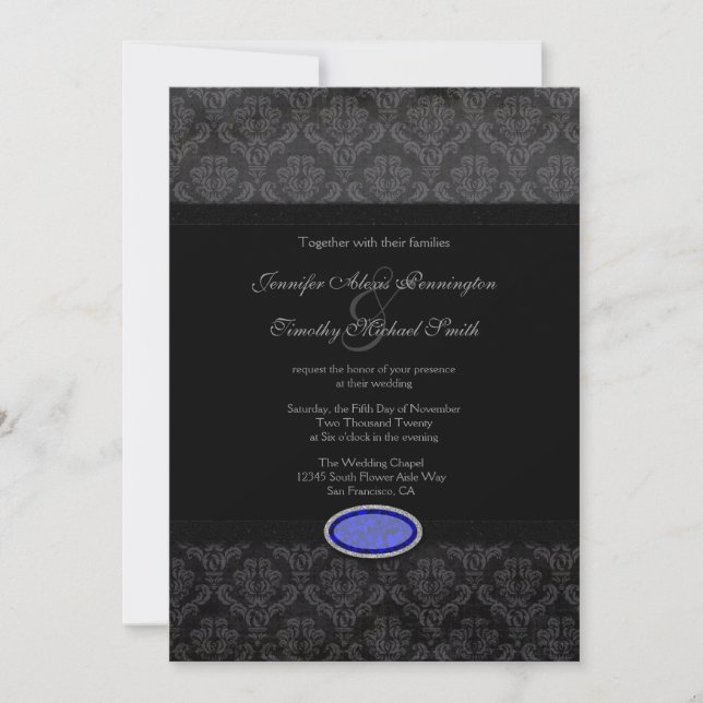 Invitación a la boda de una joya azul damasco negr (Anverso)