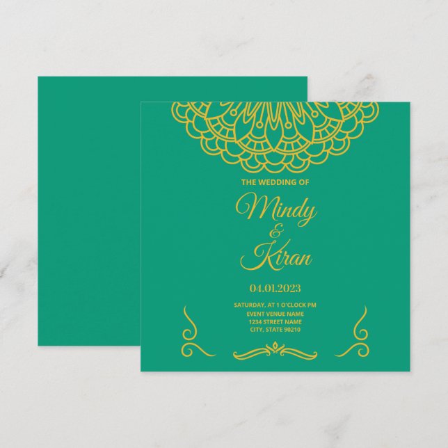 Invitación a la boda de una joya india verde esmer (Anverso / Reverso)