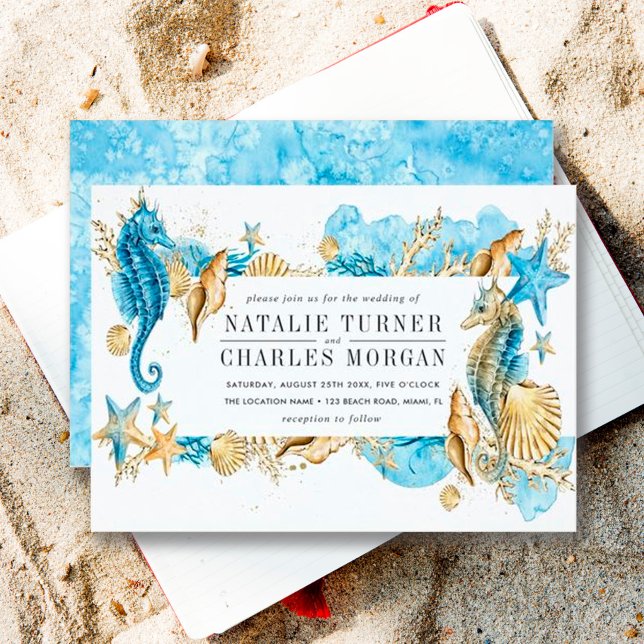Invitación a la Boda de Verano de Oro Azul bajo el (Front & Back)