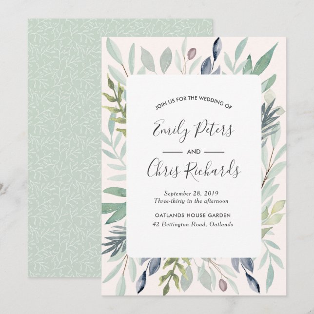 Invitación a la boda de verano Foliage verde (Anverso / Reverso)