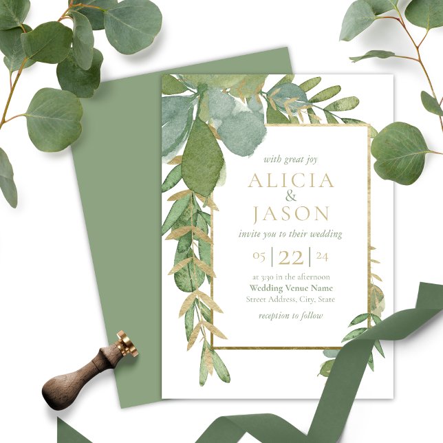 Invitación a la Boda de Verdor Dorado (Golden Greenery Wedding Invitation. Please  contact me if you need assistance with this design.)
