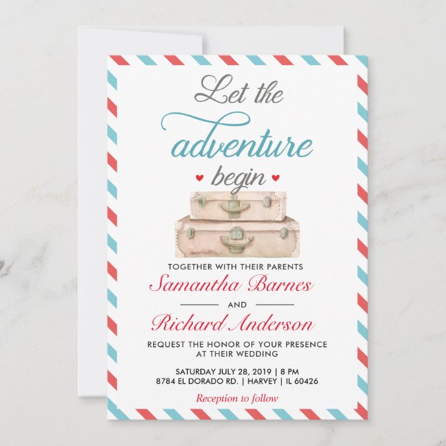 Invitación a la boda de viaje tarjeta postal azul  (Anverso)