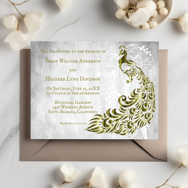 Invitación a la Boda de Vino de Hoja de Peacock de (Gold Peacock Leaf Vine Wedding Invitation)
