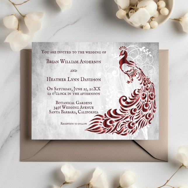 Invitación a la boda de Vino de Hoja de Peacock Ro (Red Peacock Leaf Vine Wedding Invitation)