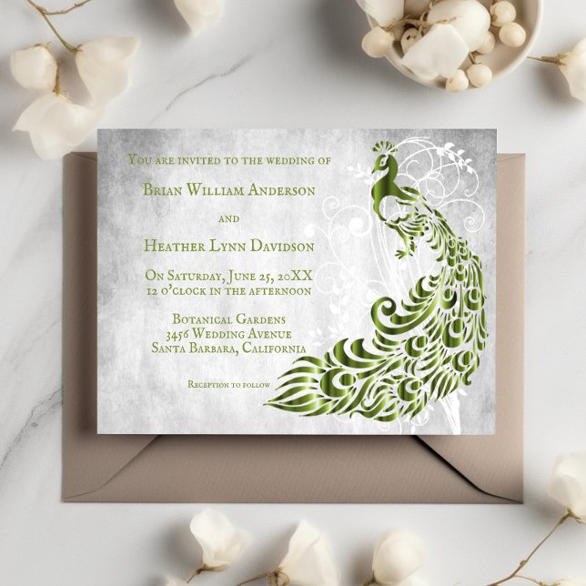 Invitación a la Boda de Vino de Hojas de Pavo Verd (Green Peacock Leaf Vine Wedding Invitation)