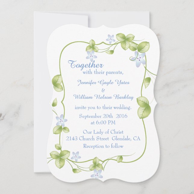 Invitación a la boda de vinos florales azules (Anverso)