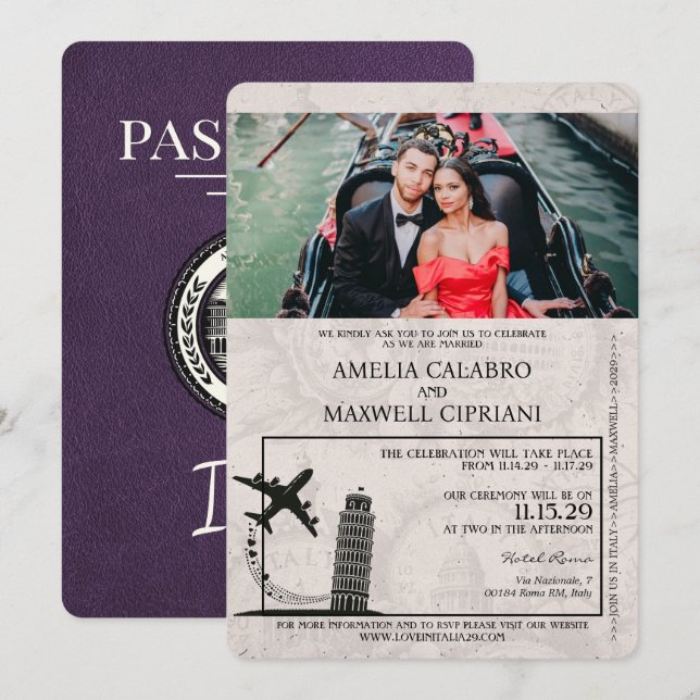 Invitación a la boda de Violet Italy Passport (Anverso / Reverso)