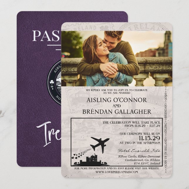 Invitación a la boda de Violet Purple Ireland Pass (Anverso / Reverso)