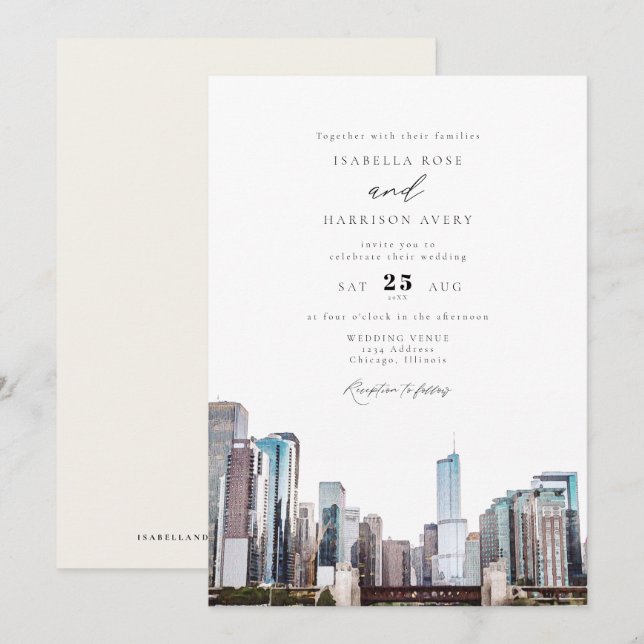Invitación a la boda de Watercolor Chicago Skyline (Anverso / Reverso)