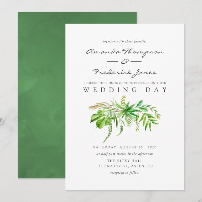 Invitación a la boda de Watercolor Forest Greenery (Anverso / Reverso)