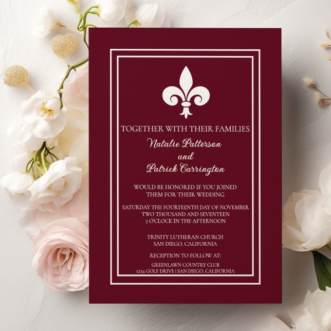 Invitación a la boda de Wine Red Fleur de Lis (Wine Red Fleur de Lis Wedding Invitation)