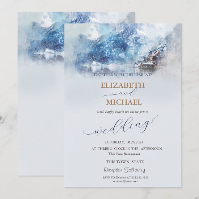 Invitación a la boda de Winter Mountain Lake (Anverso / Reverso)