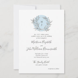 Invitación a la boda de Wreath con monograma azul 