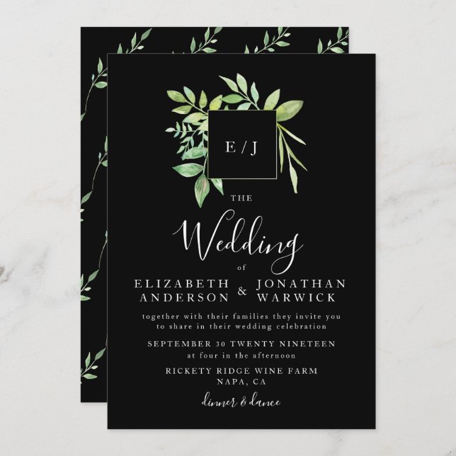 Invitación a la boda de Wreath de la hoja de verde (Anverso / Reverso)
