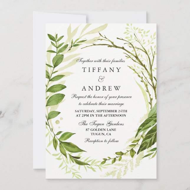 Invitación a la boda de Wreath Greenery de Leaf Fo (Anverso)