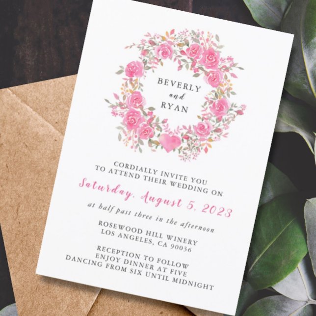 Invitación a la boda de Wreath, Rosa floral rosado (Subido por el creador)