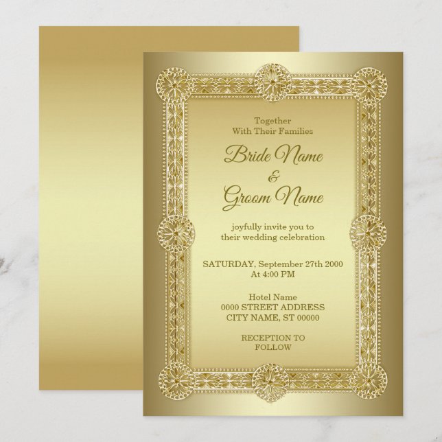 Invitación a la boda decorativa de oro (Anverso / Reverso)