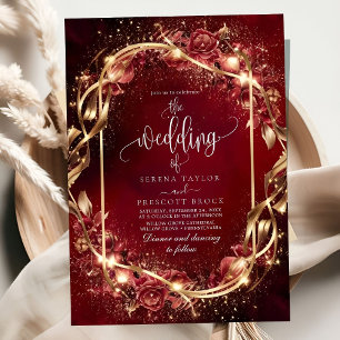 Invitación a la boda del Acento Dorado rojo mágico