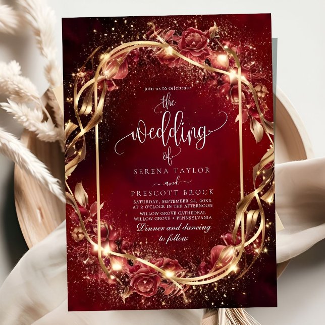 Invitación a la boda del Acento Dorado rojo mágico (Subido por el creador)