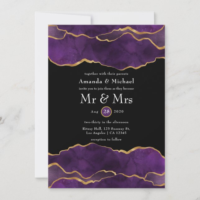 Invitación a la boda del Agate Morado y Oro (Anverso)