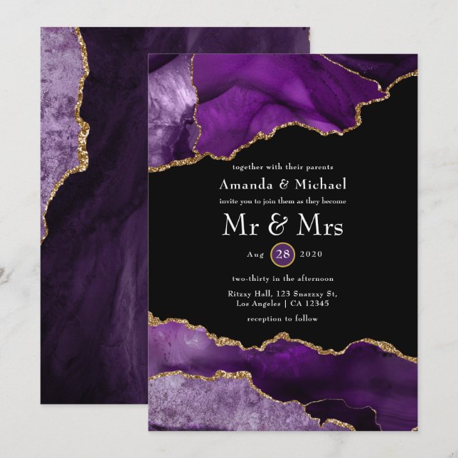 Invitación a la boda del Agate Morado y Oro (Anverso / Reverso)
