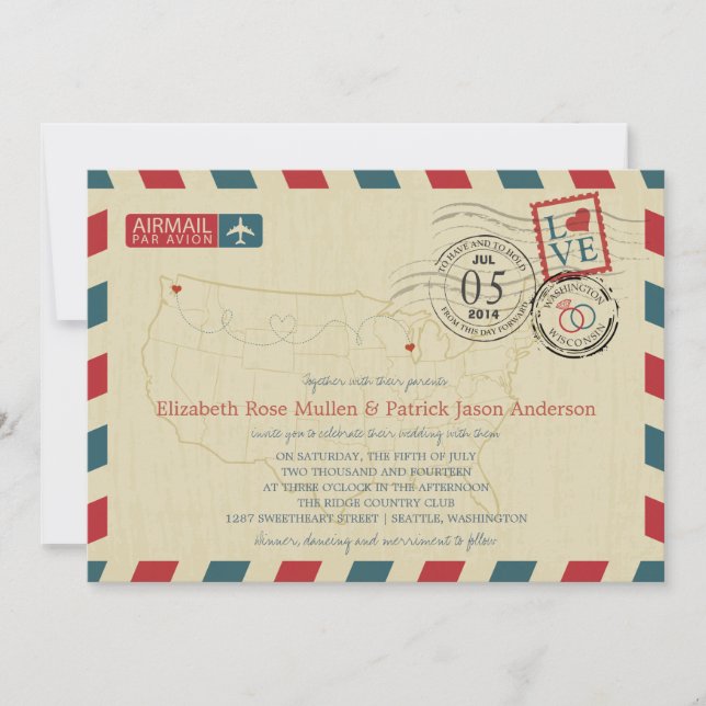 Invitación a la boda del Airmail de USA Map (Anverso)