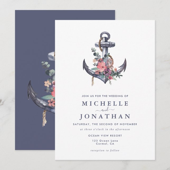 Invitación a la boda del Ancla Floral Náutica (Anverso / Reverso)