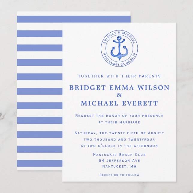 Invitación a la boda del Ancla Náutica Azul (Anverso / Reverso)