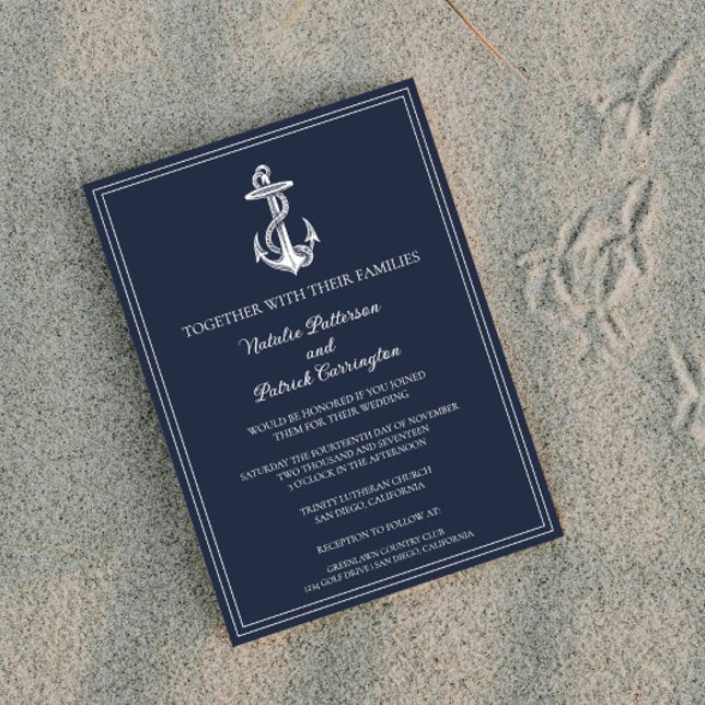 Invitación a la boda del Ancla Náutico Azul de la  (Navy Blue Nautical Anchor Wedding Invitation)