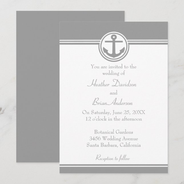 Invitación a la boda del Ancla Náutico Gris (Anverso / Reverso)