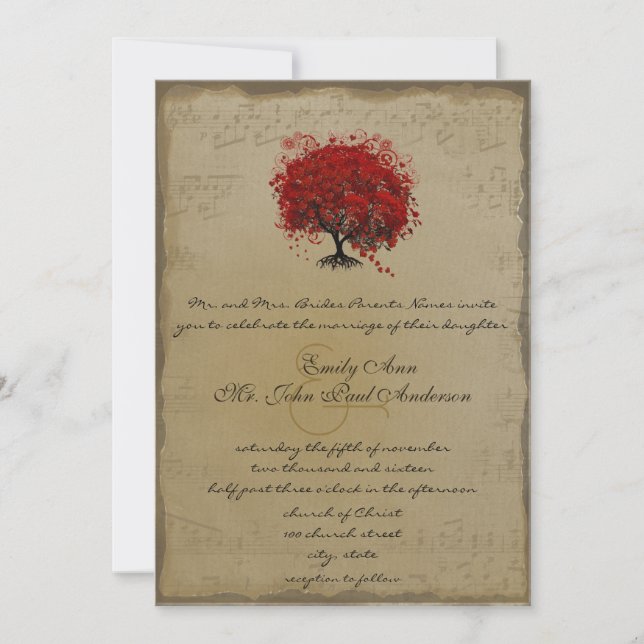 Invitación a la boda del árbol de hojas de corazón (Anverso)