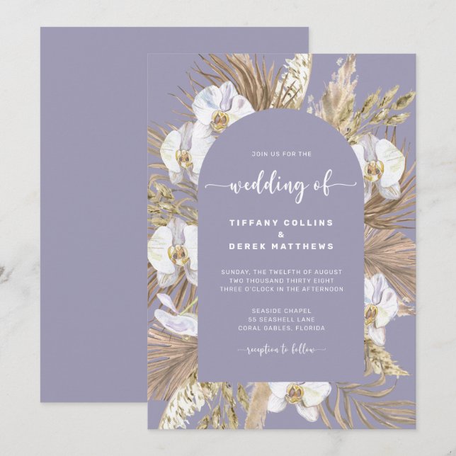 Invitación a la boda del Arco de Grasa Plum Pampas (Anverso / Reverso)