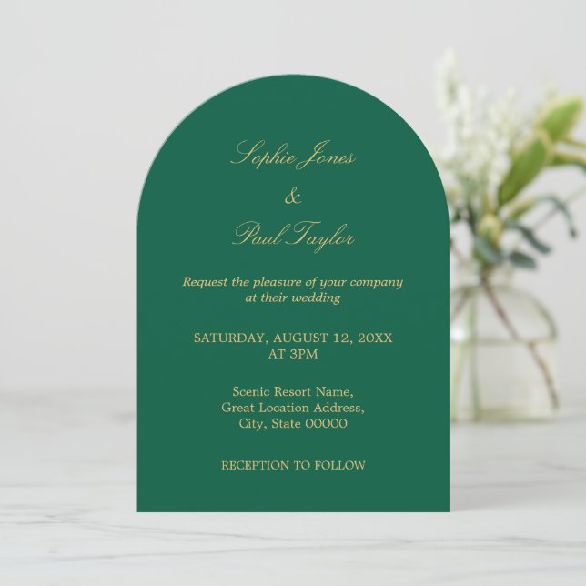 Invitación a la boda del Arco Dorado Verde Hunter (Anverso de pie)