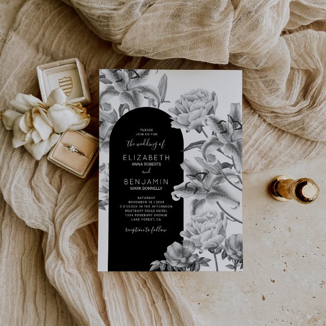 Invitación a la boda del Arco floral blanco negro (Subido por el creador)