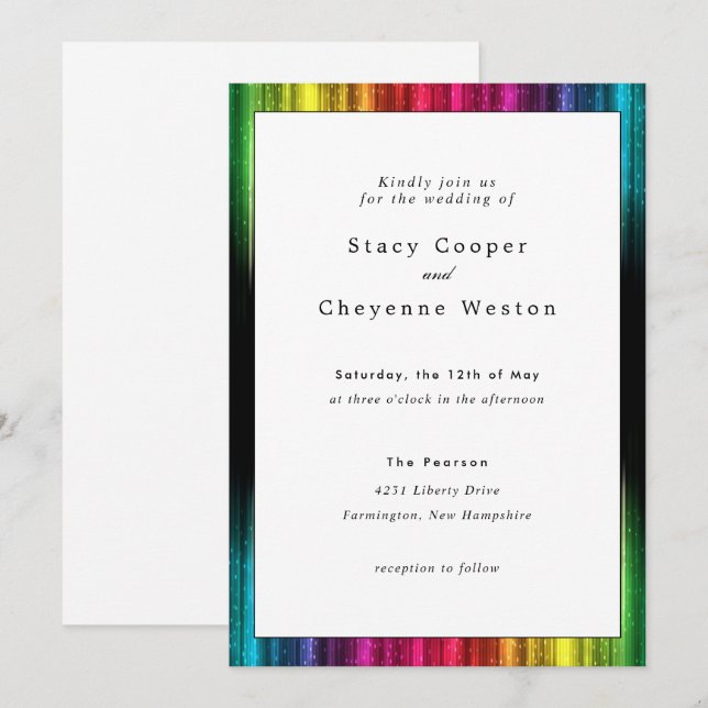 Invitación a la boda del arcoiris con acentos negr (Anverso / Reverso)
