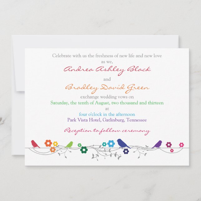 Invitación a la boda del arcoiris Flores de aves (Anverso)