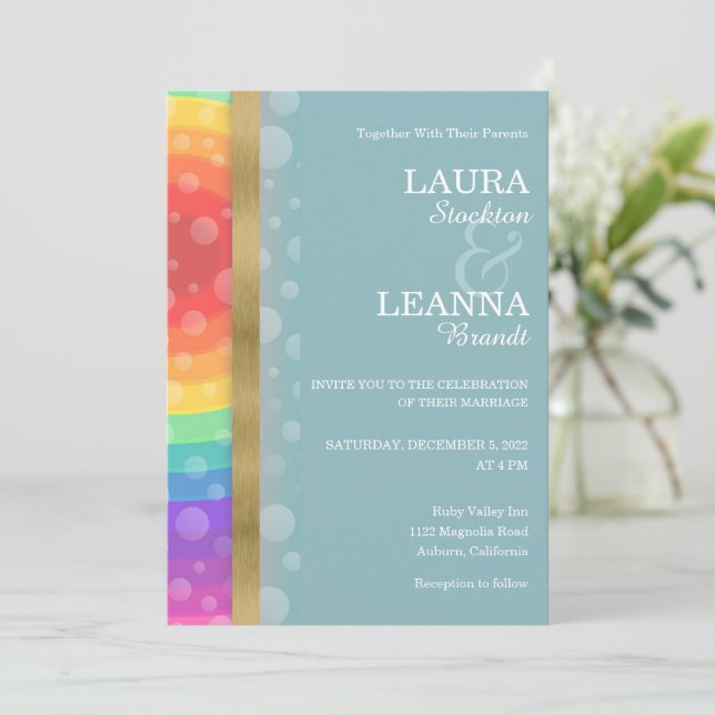 Invitación a la boda del arcoiris y el oro (Anverso de pie)