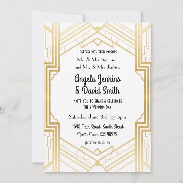 Invitación a la boda del Art Deco Blanco y Oro de  (Anverso)