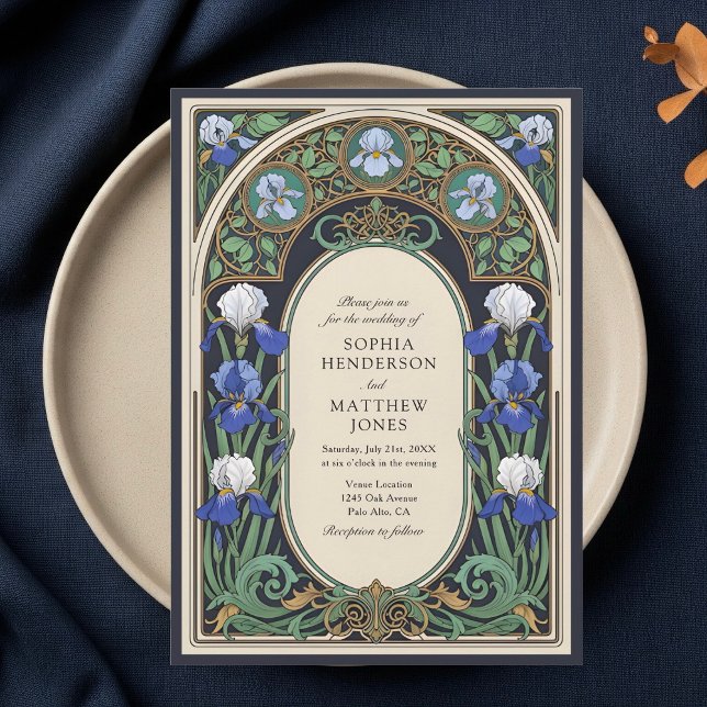 Invitación a la boda del Art Nouveau floral azul (Subido por el creador)
