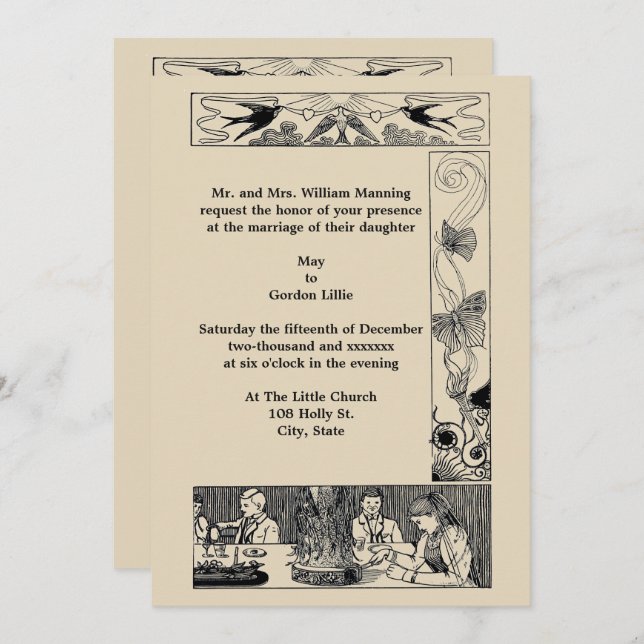 Invitación a la boda del Art Nouveau victoriano (Anverso / Reverso)