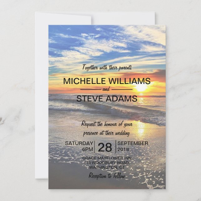 Invitación a la boda del atardecer en la playa (Anverso)