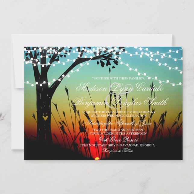 Invitación a la boda del atardecer en un árbol rús (Anverso)