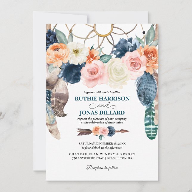 Invitación a la boda del Boho Dreamcatcher de la A (Anverso)