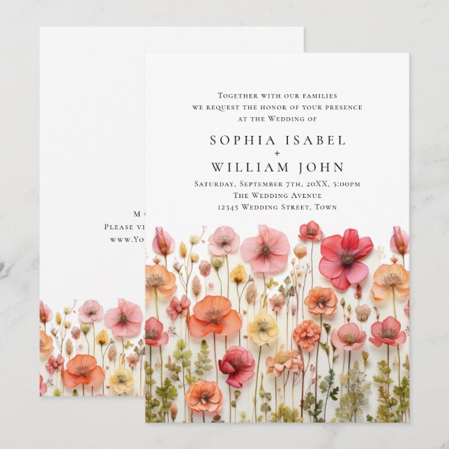 Invitación a la boda del Boho Rosado Pastel Flores (Anverso / Reverso)